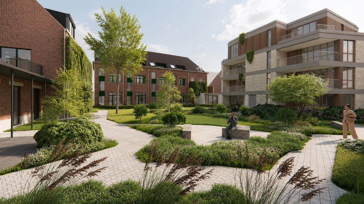 Artist impression van de binnentuin met moderne architectuur