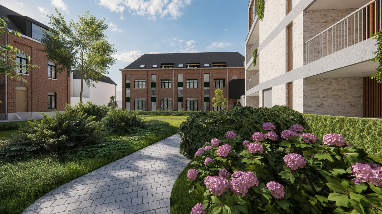De gemeenschappelijke binnentuin met hortensia's